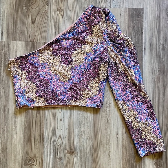 Saylor Tess One Shoulder Long Sleeve Zigzag Sequin Top - Picture 13 of 16